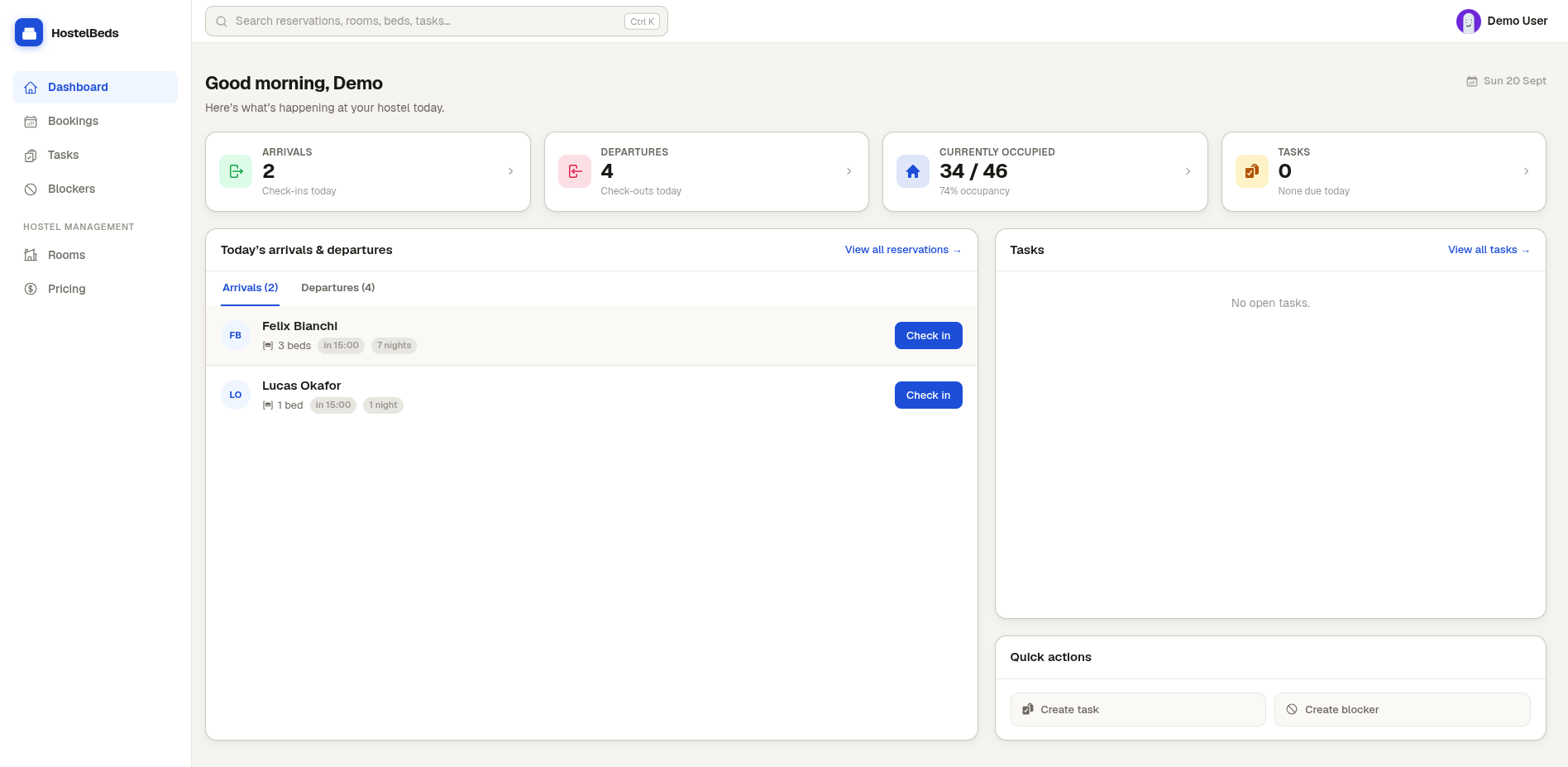 HostelBeds dashboard